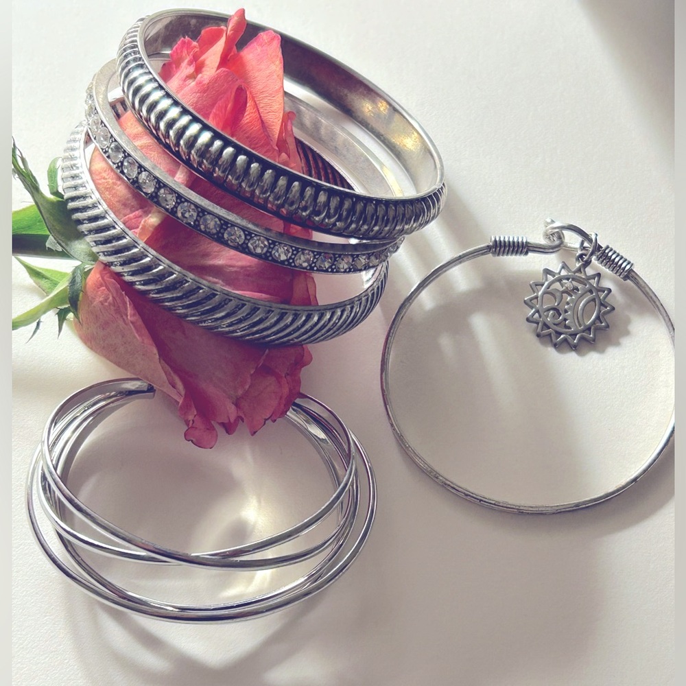 5-bracelets Silvertone: 4 bangles 1 rhinestone, 1 charm; 2 ribbed; 1 wire cuff